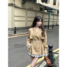 批发卡其色气质风衣外套女冬季新款双排扣收腰修身中长款百搭开衫上衣