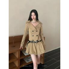 批发美式辣妹学院风<b class='q'>翻领</b>收腰显瘦<b class='q'>连衣裙</b>卡其色设计感双排扣花苞蓬蓬裙