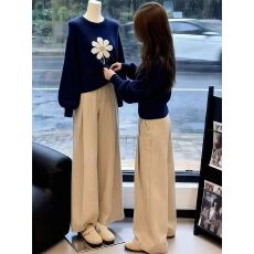 批发纯色圆领花朵印花长袖针织上衣<b class='q'>女</b>秋季新款休闲百搭宽松<b class='q'>长裤</b>两件套