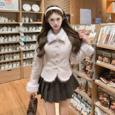 批发冬季韩系温柔风气质套装皮毛一体保暖开衫外套复古格子百褶半身裙