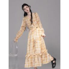 批发2025秋季新款法式高端设计感时尚气质绑带<b class='q'>印花</b>中长款显瘦<b class='q'>连衣裙</b>女