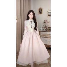 批发Blovelan少女手札 富家千金感长袖蕾丝翻领珠光高级感连衣裙