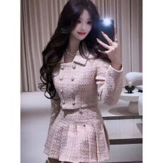小香风粗花呢重工轻奢套装女2025秋季新款短款上衣百褶短裙两件套
