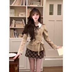 韩系甜美学院风时尚百搭开衫外套新款高腰显瘦格纹半身裙两件套装