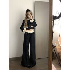 批发小众简约通勤风花边拼接设计短款上衣<b class='q'>新款</b>重工显瘦休闲长裤两件套