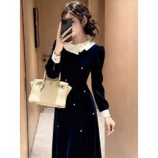 批发出席重要场合的裙子高端精致富家千金小香风藏蓝色丝绒<b class='q'>连衣裙</b>冬季