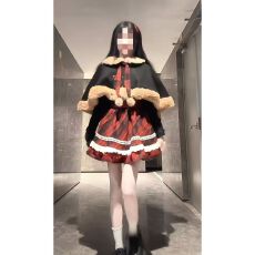 批发甜美圣诞氛围穿搭一整套秋冬毛绒斗篷外套假两件<b class='q'>长袖</b><b class='q'>连衣</b>裙两件套