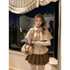 批发古早千金气质套装毛领斗篷式收腰毛呢外套百褶半身裙内搭三件套冬