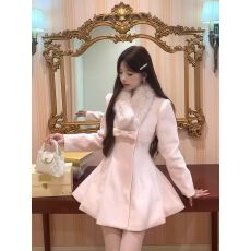 批发甜美千金风毛领蝴蝶结收腰伞摆毛呢外套冬季中<b class='q'>长款</b>小香风呢子大衣