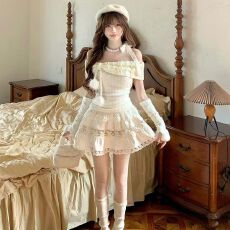 批发千金公主套装高级设计感一字肩针织上衣<b class='q'>蓬蓬</b>短裙纯欲风甜美两件套