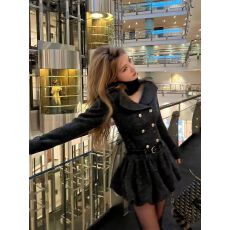 批发法式复古方领千金感可拆卸毛领收腰连衣<b class='q'>裙</b>秋冬<b class='q'>花苞</b>亮片高级感短<b class='q'>裙</b>