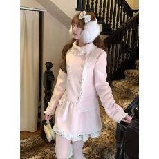 批发樱之轨迹 日系甜美<b class='q'>蕾丝</b>拼接浅粉毛呢大衣外套加厚千金感大小姐
