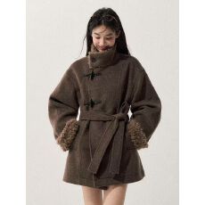 批发风起时 简约时髦气质棕色收腰呢子中<b class='q'>长款</b>大衣毛呢外套冬季新款女