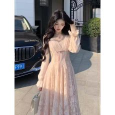 批发2025秋冬迷迭花园法式纯欲蕾丝<b class='q'>连衣裙</b>秋冬收腰千金<b class='q'>蓬蓬</b>裙加绒