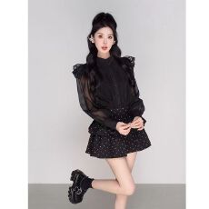 批发【两件套】甜美波点<b class='q'>蓬蓬</b>黑色蛋糕裙秋季高腰显瘦a字短<b class='q'>裙套装</b>