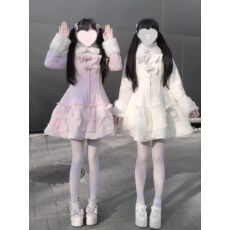 批发【雪绒冬日】蕾系穿搭可爱量产Lolita双子蝴蝶结蕾丝夹棉毛呢大衣