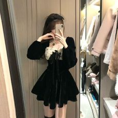 批发圣诞红色丝绒细闪连衣裙秋冬小个子可爱千金收腰灯笼袖大摆蓬蓬裙