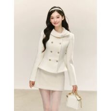 批发冬季韩系温柔风<b class='q'>气质</b>毛呢套装设计感双排扣<b class='q'>外套</b>上衣A字纯欲半身裙