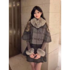 批发复古气质御姐千金设计感宽松短款斗篷外套高腰<b class='q'>蓬蓬</b>裙减龄两件套装