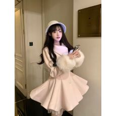 批发甜美千金法式公主气质毛呢收腰冬季新款中长款拼接外套秋冬大衣女