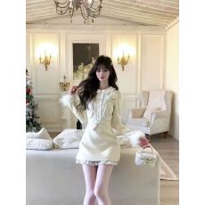 批发韩系<b class='q'>甜美</b>温柔纯欲小香风千金收腰长袖连衣裙短裙子秋冬新款女装潮