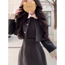 批发韩系甜美温柔学院风淑女名媛短外套<b class='q'>波点</b><b class='q'>连衣裙</b>秋冬新款女装两件套