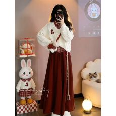 批发韩版甜美学院风穿搭一整套<b class='q'>格子</b><b class='q'>衬衫</b>+白色V领麻花毛衣+高腰半身裙