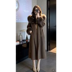 批发韩系气质千金御姐高级感毛毛连帽中长款时尚大衣毛呢外套减龄秋冬