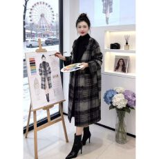 批发秋冬款小香风气质御姐千金韩版复古风格纹中长款加厚毛呢大衣<b class='q'>外套</b>