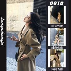 批发韩系新款2026卡其色百搭秋时尚经典翻领<b class='q'>双排扣</b>长款气质<b class='q'>风衣</b>外套女