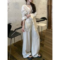 批发慵懒风套<b class='q'>装</b>V领长袖衬衫上衣<b class='q'>女</b>2026年春秋季高腰休闲裤长裤两件套