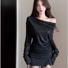 批发气质性感荡领长袖<b class='q'>t</b><b class='q'>恤</b>女春秋季显瘦设计感时尚上衣chic小众打底衫