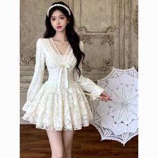 批发<b class='q'>大码</b>胖mm法式千金高级感蕾丝V领<b class='q'>连衣裙</b>质收腰生日宴会蓬蓬裙200斤