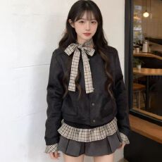 批发秋冬新款<b class='q'>韩版</b>气质时尚显瘦拼接长袖上衣学院风外套短款半身裙<b class='q'>套装</b>