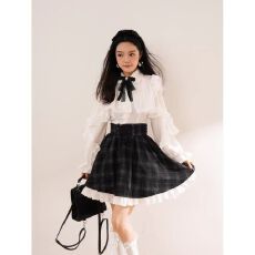 批发气质千金冬季新款亚文化设计<b class='q'>蕾丝</b>花边优雅长袖衬衫高腰半裙<b class='q'>套装</b>