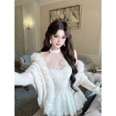 批发秋季性感挂脖无袖<b class='q'>蕾丝</b>背心上衣时尚两件套甜辣高腰显瘦蓬蓬半裙女