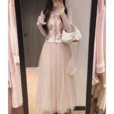 批发韩式新款气质甜美简约蕾丝上衣网纱半身裙两件套长裙