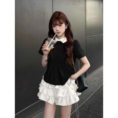 批发学院夏季乖乖女新款T恤日常奶香小衫翻领压褶短袖<b class='q'>衬衫</b>套装