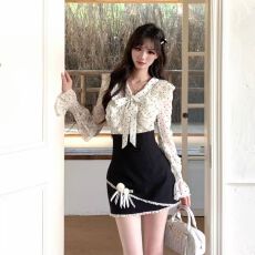 批发奈奈风穿搭秋季新款法式气质甜美小众蝴蝶结衬衣高腰显瘦半裙套装