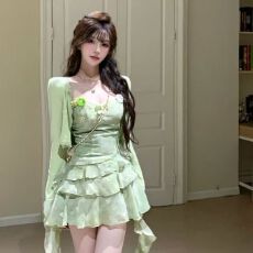 批发夏季新款纯欲拉链小个子吊带连衣裙短款防晒开衫套装女