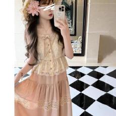 批发夏季新款甜美森系温柔风碎花少女修身吊带上衣半身裙防晒披肩套装