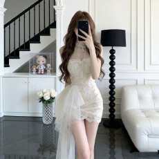 批发溪溪靓衫御姐风白色蕾丝镂空吊带连衣裙女性感修身包臀短裙高级感