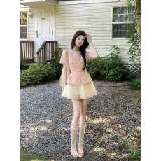 批发法式小香<b class='q'>风</b>套装女夏季新款千金名媛气质粉色上衣高腰半身裙两件套