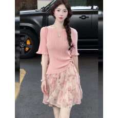 批发时尚新款简约宽松淑女短袖搭甜美印花半身裙温柔套装