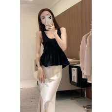 批发小众法式外穿荷叶边无袖<b class='q'>上衣</b>小香风显瘦纯色气质半身裙子两件套装