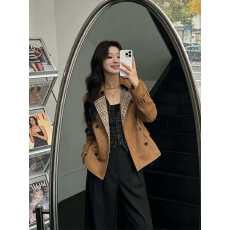 批发古早港风格纹收腰短风衣春秋季美拉德<b class='q'>百搭</b>显瘦麂皮绒外套