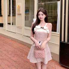 批发甜美千金气质粉色吊带<b class='q'>连衣裙</b>女夏季高级提花刺绣亮片高腰a字短裙