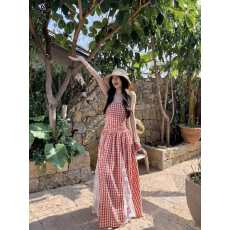 批发设计感重工蕾丝拼接格子吊带连衣裙2026夏季新款显瘦A字长裙女潮