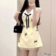 批发大小姐小香风蝴蝶结<b class='q'>连衣裙</b>娃娃领收腰显瘦淡黄色显白裙纯欲系千金