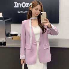 批发春季新款2026拼接飘带西装外套女高级V领蕾丝气质休闲西服上衣